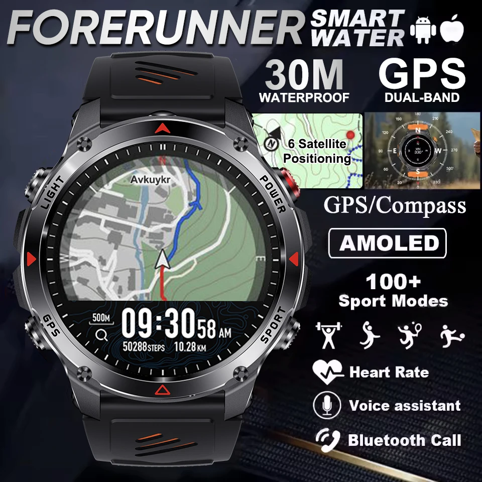포러너 570 GPS 스마트워치 3ATM 방수 AMOLED 스크린 멀티밴드 GNSS 나침반 고도계 플래시라이트 스포츠 스마트워치 남성용