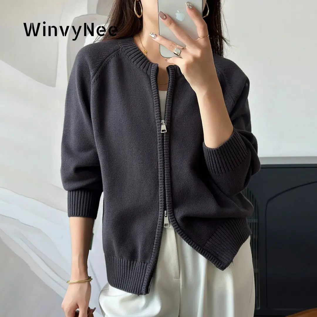 WinvyNee 여성 의류 100% 코튼 솔리드 크루넥 지퍼 루즈 소프트 두꺼운 긴 소매 카디건 봄 니트 아웃웨어 ZA1002018