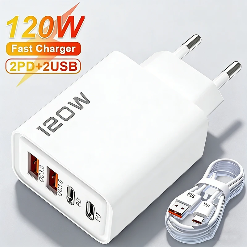 4포트 120W 충전기 퀵차지 3.0 USB C PD 타입 C USB 휴대폰 충전기 고속 충전 어댑터 (아이폰, 삼성, 샤오미, 화웨이용)