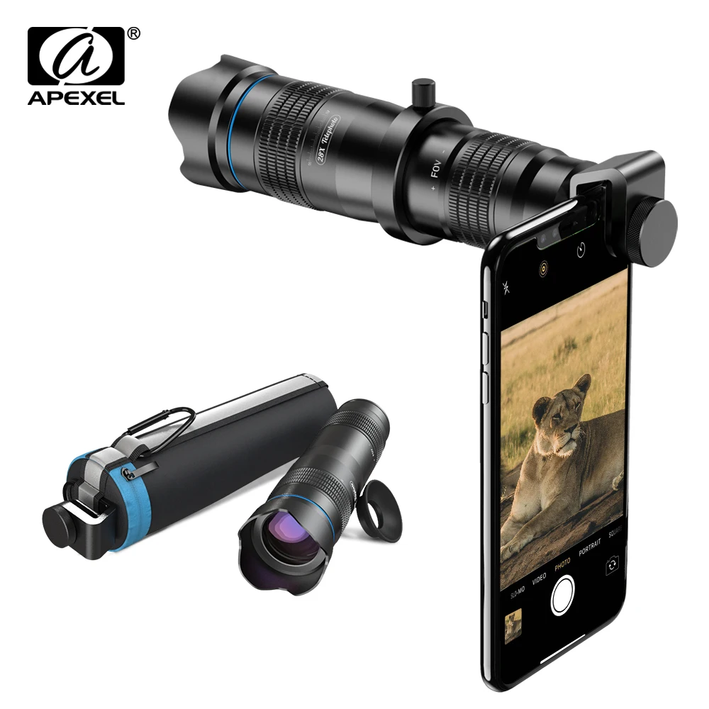 APEXEL 광학 전화 카메라 렌즈 HD 28X 망원 줌 렌즈 단안, Huawei Xiaomi 모든 스마트 폰용 미니 셀카 삼각대 포함