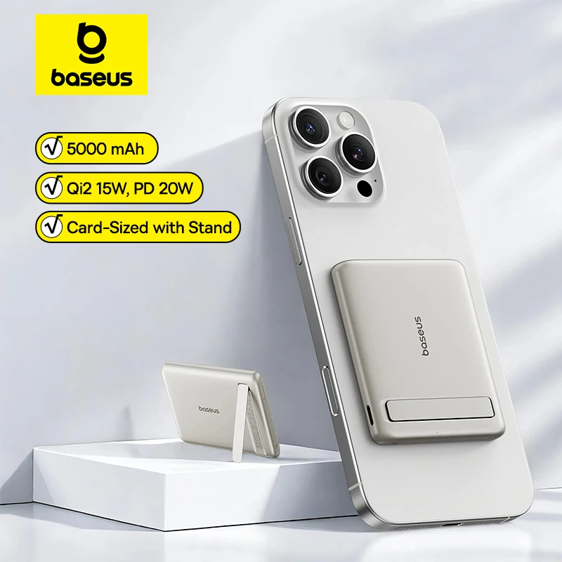 Baseus Qi2 마그네틱 보조베터리(킥스탠드 포함) PD 20W 5000mAh iPhone Samsung Xiaomi용 휴대용 무선 고속 충전 보조베터리