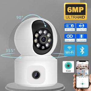 6MP iCsee WiFi IP 카메라 듀얼 렌즈 듀얼 스크린 PTZ 자동 추적 홈 보안 카메라 베이비 모니터 CCTV 비디오 감시 카메라