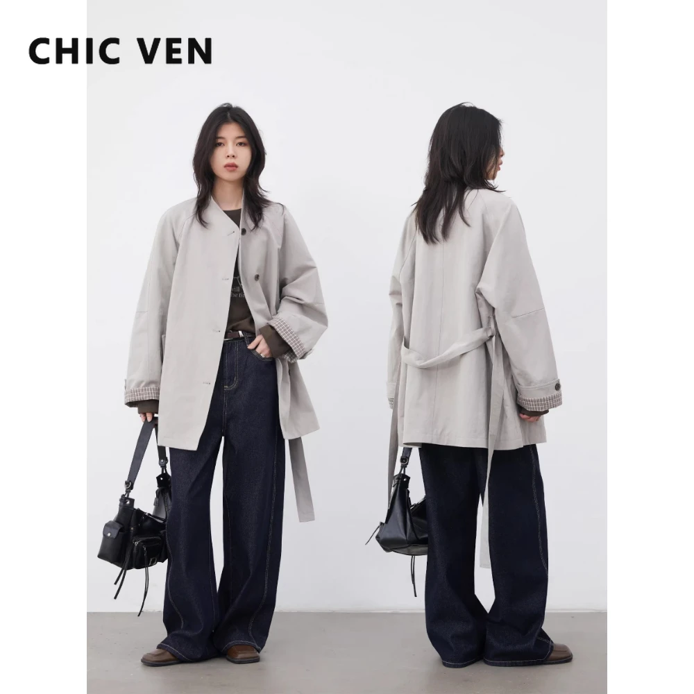 CHIC VEN 패션 여성 중간 길이 트렌치 코트 루즈핏 캐주얼 미니멀리스트 패치워크 플래드 여성용 윈드브레이커 벨트 봄 여름 2026