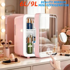 6L/9L LED 미러 미니 냉장고 조명 포함 12V 240V 휴대용 화장품 냉온장고 차량용 가정용 메이크업 스킨케어