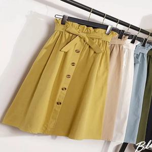 여름 가을 스커트 여성 미디 무릎 길이 한국어 우아한 버튼 하이 웨스트 스커트 여성 Pleated 학교 스커트
