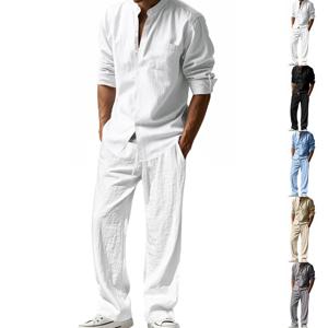 Tracksuit 2025 시즌 리넨 남성 캐주얼 느슨한 통기성 긴팔 바지 셔츠 비치 세트 재고 남성 의류 빅 사이즈