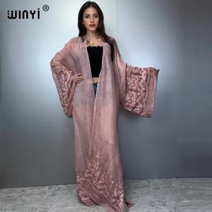 WINYI 기모노 손으로 염색한 자수 카디건 비치웨어 이브닝 드레스 아바야 두바이 럭셔리 커버 업 비치 의상 여성 맥시 코트
