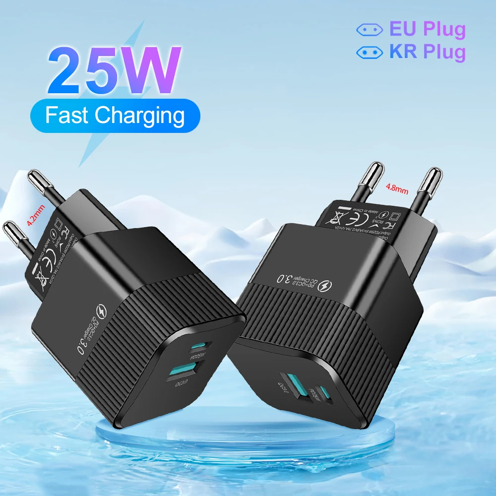 2포트 PD 25W USB C 고속 충전기 KR EU 미니 여행용 플러그 휴대폰 고속 충전 어댑터 (아이폰 15 Pro Max, 원플러스용)