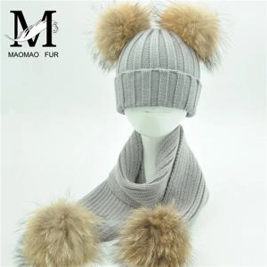 어린이용 털 스카프와 모자 세트 겨울용 따뜻한 두꺼운 신축성 니트 비니 남아 여아용 진짜 이중 털 폼폼 모자와 스카프 세트