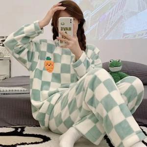 여성용 따뜻한 잠옷, 두꺼운 플러스 사이즈 코랄 벨벳 잠옷, 따뜻한 긴팔 단색 격자 무늬 바지, 가정용 세트 Se