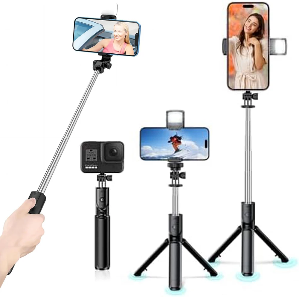 폰 셀카봉 삼각대 블루투스 리모컨 무선 셀피 스틱 폰 홀더, 뷰티 LED 조명 포함, 폰 라이브 스트리밍용