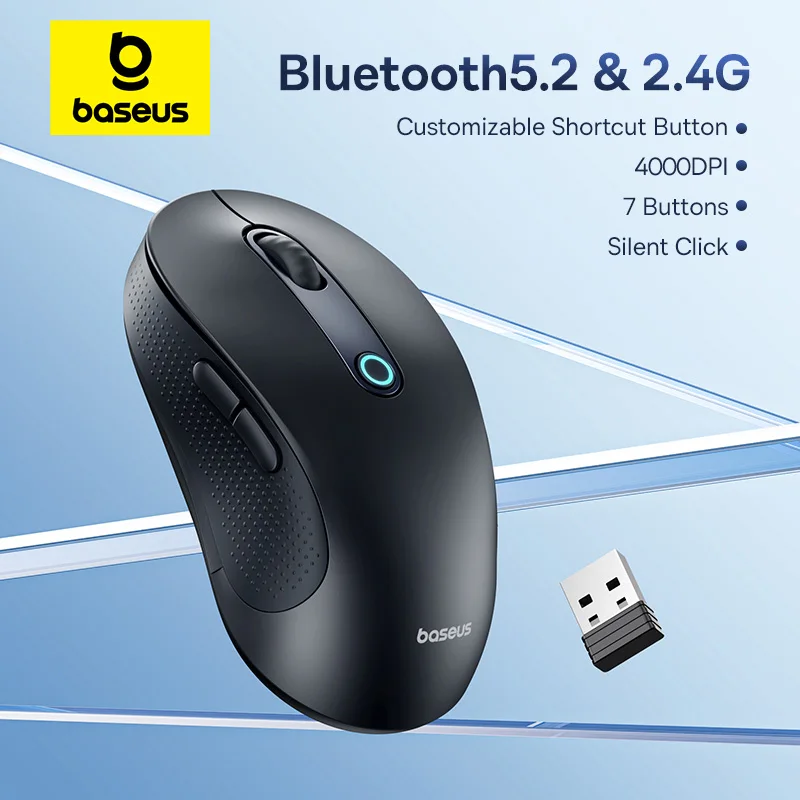 Baseus F02 무선 마우스 Bluetooth 5.2 2.4G 4000 인치 당 점 인체 공학적 7 음소거 버튼 iPad MacBook 태블릿 노트북 컴퓨터 마우스 용 마우스