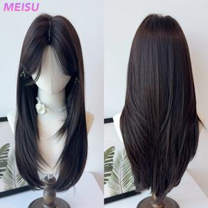 MEISU 24-26 인치 홍차 스트레이트 합성 가발 내열성 자연 부드러운 머리 세련된 파티 Bangs 가발 여성용