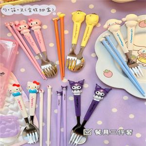 Sanrio 헬로 키티 멜로디 어린이 젓가락 스푼 포크 세트 Cinnamoroll Kuromi 스테인레스 스틸 커트러리 세트 학생 생일 선물