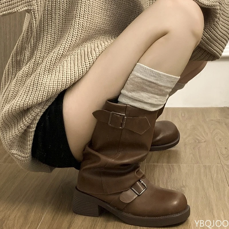2025년 신상 가을 겨울 패션 레트로 브라운 웨스턴 카우보이 부츠 여성 부츠 슬림하고 두꺼운 굽의 숏부츠