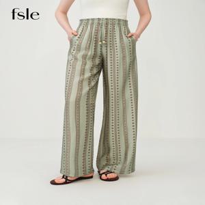 FSLE 리조트 에스닉 스타일 하이 엘라스틱 허리 와이드 팬츠 - 여성 여름 2026 신상품 편안한 스트레이트 팬츠