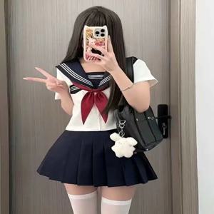 오리지널 JK 유니폼 세트, 스칼렛 색상 중학교 기본 반바지 스커트 반팔 쓰리피스 수트 (십대 및 젊은 여성용)