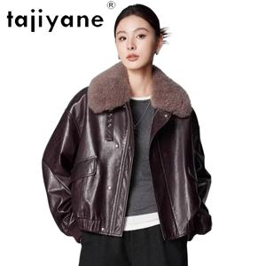 TAJIYANE 오일 왁스 양가죽 패딩 재킷 여성용 짧은 카멜 다운 코트 캐시미어 칼라 진짜 가죽 재킷 2025 겨울 의류