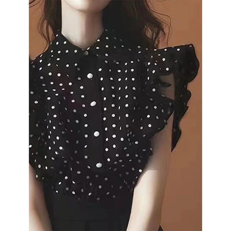 블랙 폴카 도트 민소매 쉬폰 셔츠 여성 여름 유행 아름다운 탑 요정같은 플라잉 슬리브 반소매 셔츠