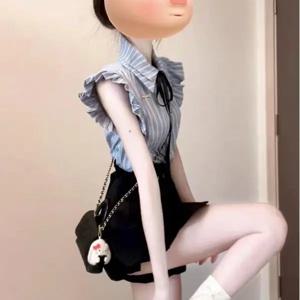 블루 스트라이프 여름 셔츠와 짧은 치마 투피스 세트 여성 패션 소형 의류 한국 스타일 반소매 폴로 넥