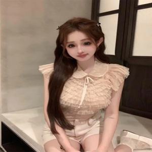 여성 슬림핏 반팔 쉬폰 셔츠 나비 매듭 턴다운 칼라 여름 신상 페어리 슬리브 블라우스 통기성 좋은 피부 친화적