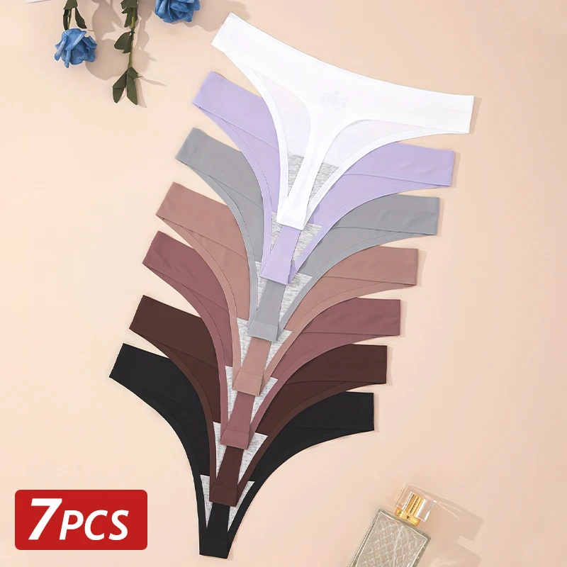7PCS/세트 아이스 실크 무봉제 여성 G-스트링 팬티 섹시한 로우 웨이스트 끈 팬티 T-백 여성용 단색 부드러운 속옷 초박형 팬티