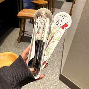 애니메이션 헬로 키티 주방 식기 KT 고양이 스테인레스 스틸 젓가락 스푼 포크 학생 사무실 휴대용 식기 세트 선물
