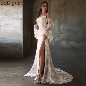 SoDigne 인어 레이스 웨딩 드레스, 스트랩리스 분리형 슬리브, 신부 원피스 스플릿 웨딩 가운, 맞춤형 가운