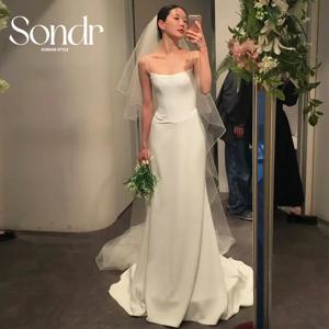 Sondr 우아한 웨딩 드레스 스파게티 스트랩 A라인 바닥 길이 아이보리 새틴 한국 사진 촬영 신부 리셉션 가운 맞춤 제작