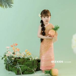 태국 미얀마 어린이 다이 의류 세트 소녀를위한 태국 전통 의상 무대 공연 국립 복장 민족 의상