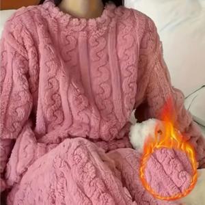 겨울용 따뜻한 코랄 벨벳 파자마 세트 여성용 두꺼운 플러피 슬립웨어 라운지 슈트 편안한 소프트 홈웨어 외출복 추운 날씨용