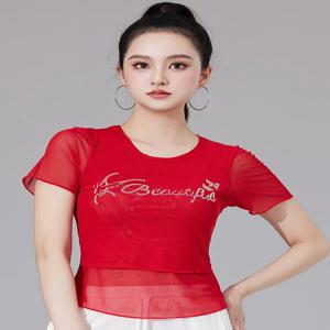 여름 신상 더블 레이어 메쉬 스팽글 티셔츠 여성 패션 슬림핏 반팔 스퀘어 댄스 탑 퓨어 컬러