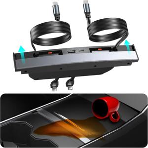 테슬라 모델 Y 2020-2024 모델 3 2020-2023 센터 콘솔용 USB 허브 충전기 (고속 충전, 수납식 케이블, 휴대폰 충전 기능 포함)