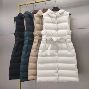 여성용 화이트 덕다운 민소매 X-롱 후드 재킷, 슬림핏, 오피스 레이디 웜 다운 조끼, 90% 가을 겨울 신상