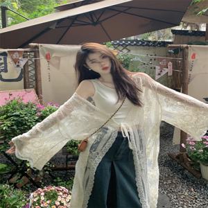 레이스 업 베이지 레이스 기모노 카디건 여성 여름 긴 소매 쉬어 자수 메쉬 얇은 코트 홀리데이 비치 Boho Cover-Up