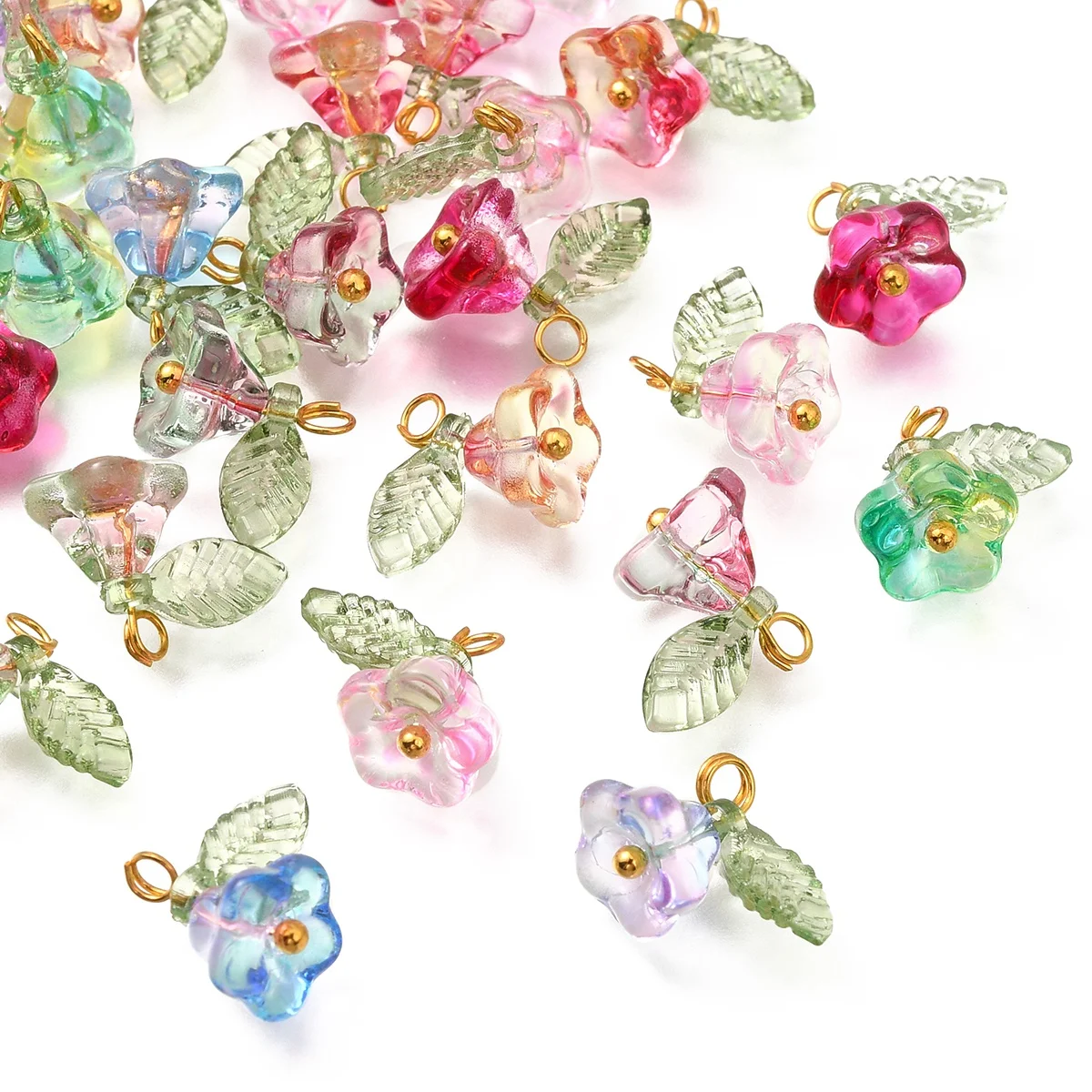 30개 6가지 색상 펜던트 비즈 꽃 모양 골드 장식 여성용 목걸이 팔찌 귀걸이 DIY 쥬얼리 제작