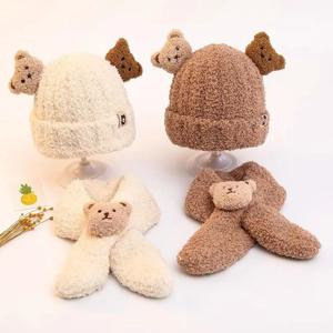 푹신한 곰 모자 스카프 유아용 겨울 후드 모자 스카프 3개월부터 1.5세까지 어린이용 두꺼운 플리스 스컬 캡