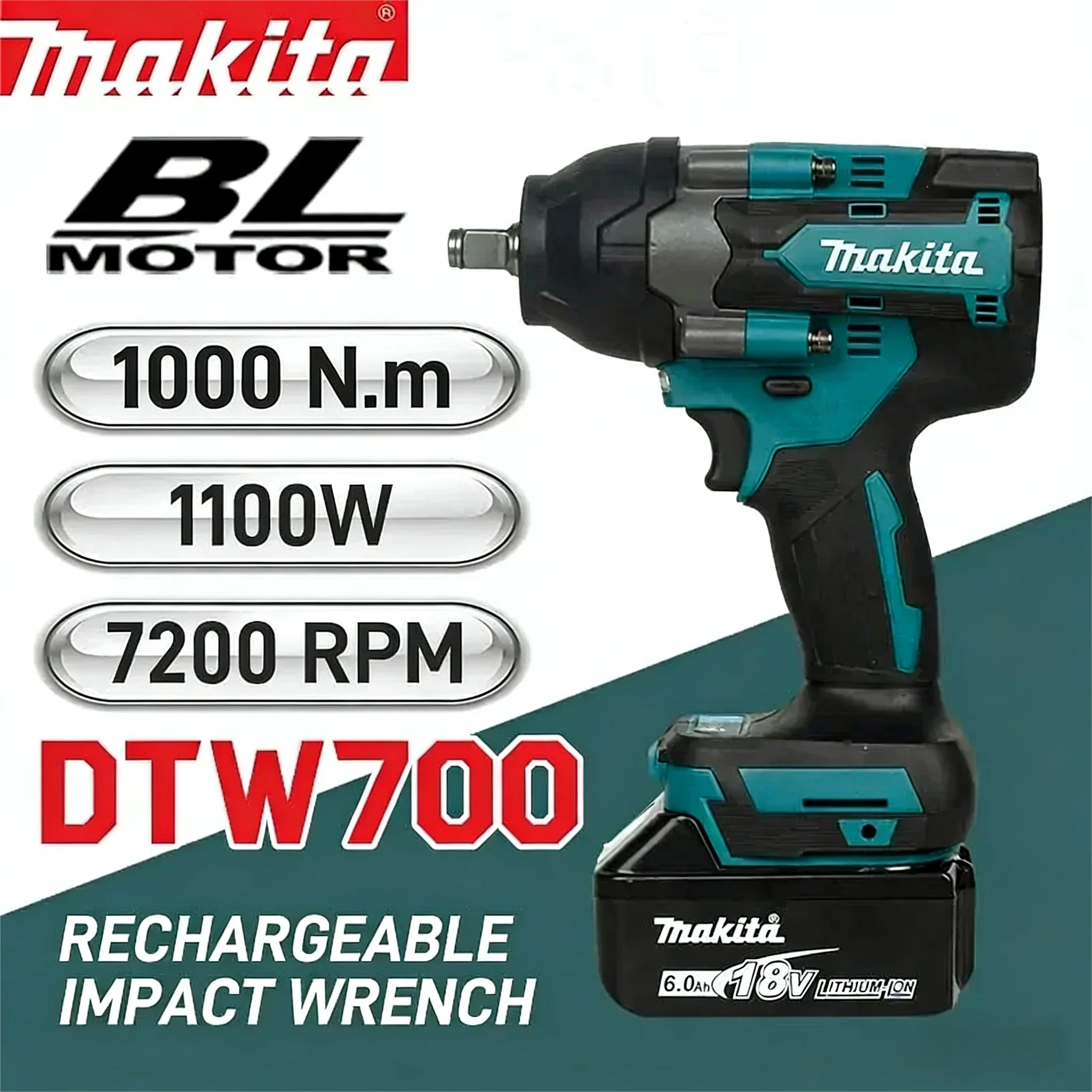 마키타 DTW700 18V LXT 브러시리스 임팩트 렌치 1000N·m - 자동차 수리, 중장비 조립용 무선 공구 (배터리 미포함)