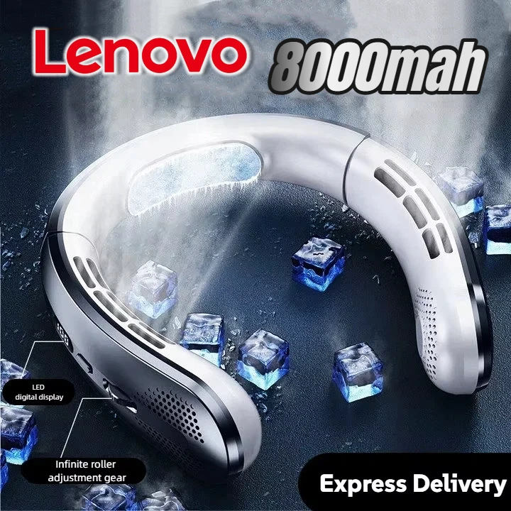 레노버 8000mAh 넥밴드 선풍기 휴대용 날개 없는 USB 충전식 무소음 LED 디지털 디스플레이 전기 에어쿨러 USB 핸드헬드
