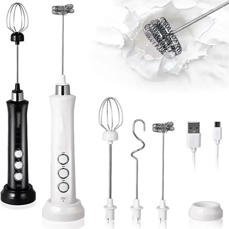 휴대용 무선 충전식 전동 우유 거품기 3단 속도 조절 USB 충전식 라떼 카푸치노 핫초코용 거품 제조기