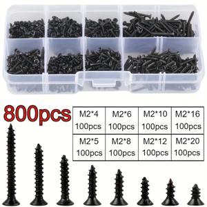 400/800PCS M2 탄소강 필립스 카운터싱크 셀프 태핑 나사 - 상자에 나사 8종, 블랙 KA 세트