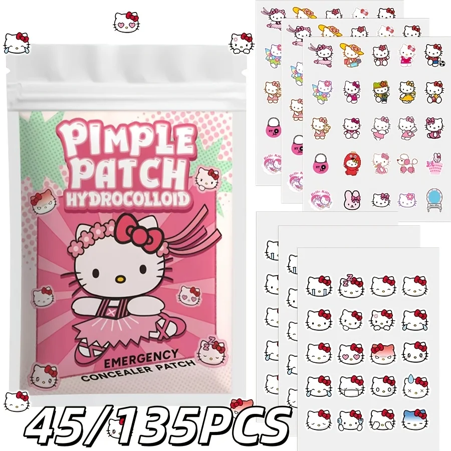 45/135PCS 산리오 헬로 키티 만화 여드름 결함 패치 - 보이지 않는 하이드로콜로이드 여드름 패치, 얼굴 장식 패치,