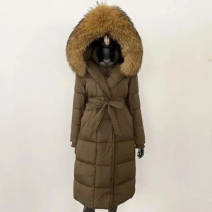 진짜 천연 여우털 화이트 구스 다운 재킷 여성용 겨울 후드 탈부착 가능한 칼라 벨트 롱 캐주얼 우아한 외투 다운 코트
