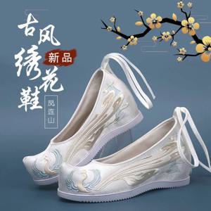 여성을위한 손으로 수 놓은 Hanfu 신발 중국어 번체 결혼식 댄스 플랫 캔버스 피닉스 패턴과 베이징 오페라 신발
