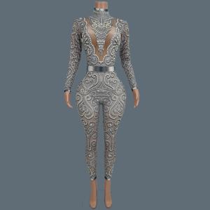 여성 반짝 이는 라인 석 진주 스판덱스 점프 슈트 나이트 클럽 파티 무대 공연 Bodycon 착용 섹시한 인쇄 점프 슈트 Quanquan