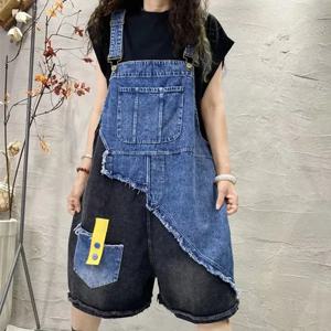 여성용 데님 점프수트 패치워크 빈티지 캐주얼 플레이수트 루즈 와이드 레그 쇼츠 작업복 원피스 여성 의류