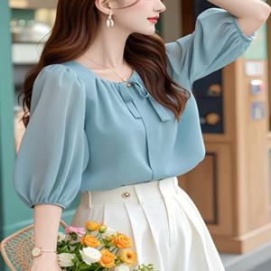 블루 쉬폰 셔츠 민소매 한국 스타일 통근 여성 여름 패션 아울렛 매장 실크 혼방 라운드넥 레귤러 길이