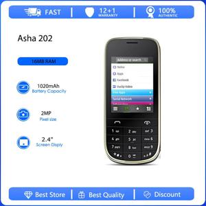 오리지널 리퍼비시드 아샤 202 2G 듀얼 심 언락 GSM 900/1800 모바일 폰 러시아어 아랍어 히브리어 키보드 핀란드 제조