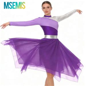 Womens Modern Lyrical Christian Dance Leotard Dress 긴 소매 불규칙한 밑단 튜닉 드레스 Waltz Ballroom Praise Dance Costume