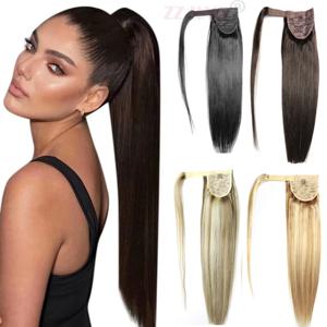 ZZHAIR 100% 인모 연장 매직 랩 어라운드 포니테일, 클립 인 기계, 레미 말꼬리 스트레이트 제작, 16 인치-26 인치, 100g